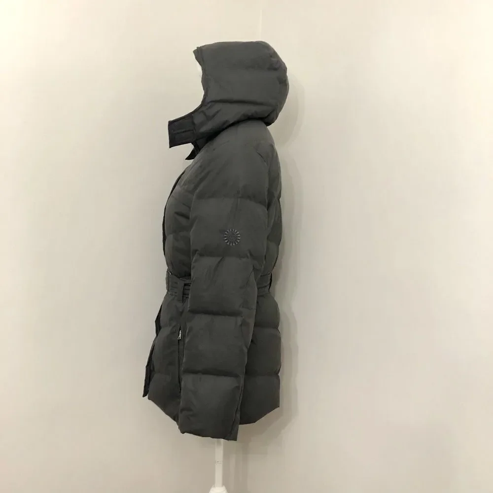 UGG Lambskin 80/20 Duck Down Belted Hooded Mid Length Puffer Coat Woman Size M - Picture 2 of 16